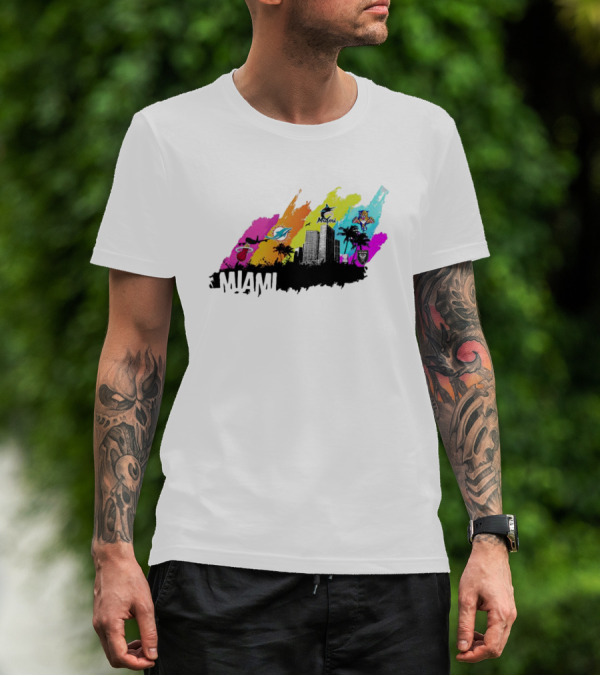 Miami City Skyline With Sports Team Logos And Vibrant Colors T-Shirt