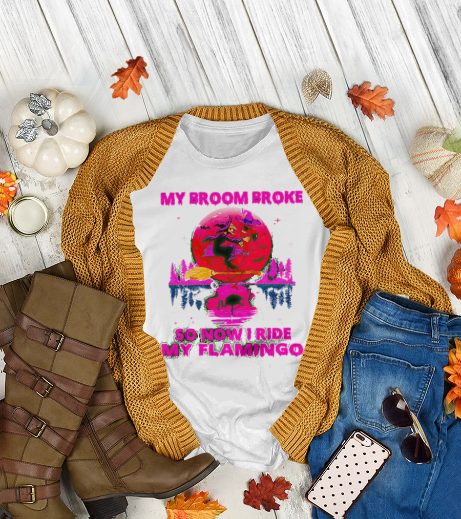My Broom Broke So Now I Ride My Flamingo Neon Witch and Flamingo Moon Scene T-Shirt