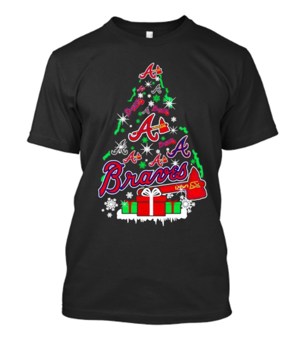 Christmas Tree Atlanta Braves Bravesword Santa Hat Baseball Snowflakes T-Shirt