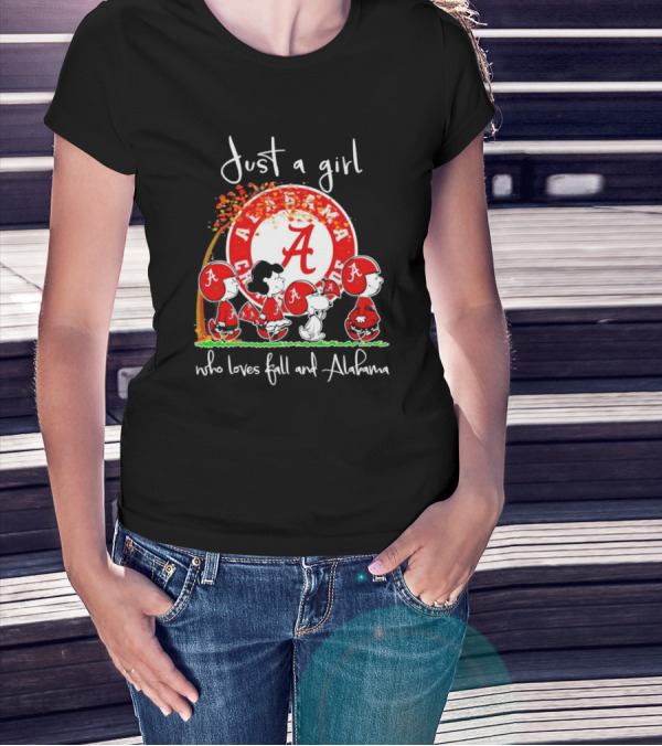 Peanuts Characters Just A Girl Who Loves Fall And Alabama Crimson Tide T-Shirt