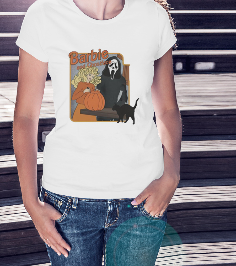 Barbie And Ghostface Halloween Pumpkin Carving Scene With Black Cat T-Shirt