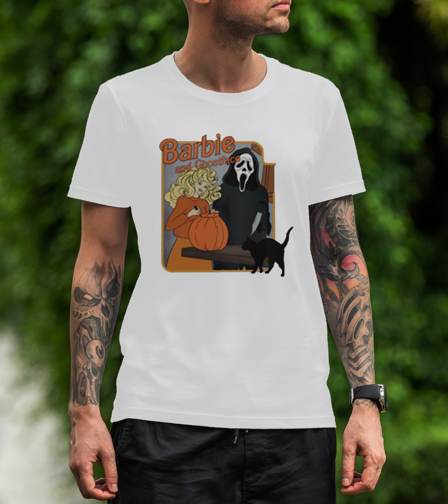 Barbie And Ghostface Halloween Pumpkin Carving Scene With Black Cat T-Shirt