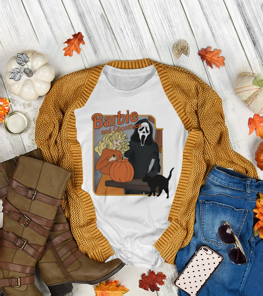 Barbie and Ghostface Halloween Pumpkin Carving Scene with Black Cat T-Shirt