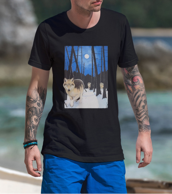 Snow 1995 Wild Earth Wolf Vintage Full Moon Forest Scene T-Shirt