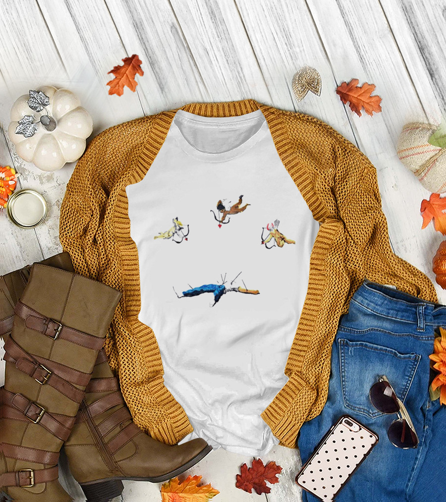 Cupid Shooting Heart to Man with Three Flying Cupids and Arrows T-Shirt