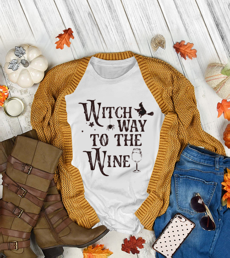 Witch Way to the Wine Halloween Broomstick and Glass T-Shirt