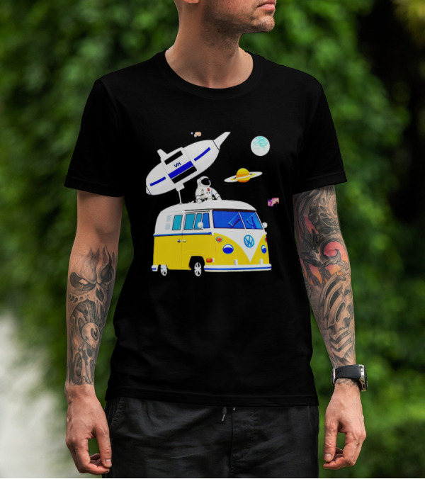 Astronaut Riding Yellow Volkswagen Bus With Rocket And Saturn Planet Background T-Shirt