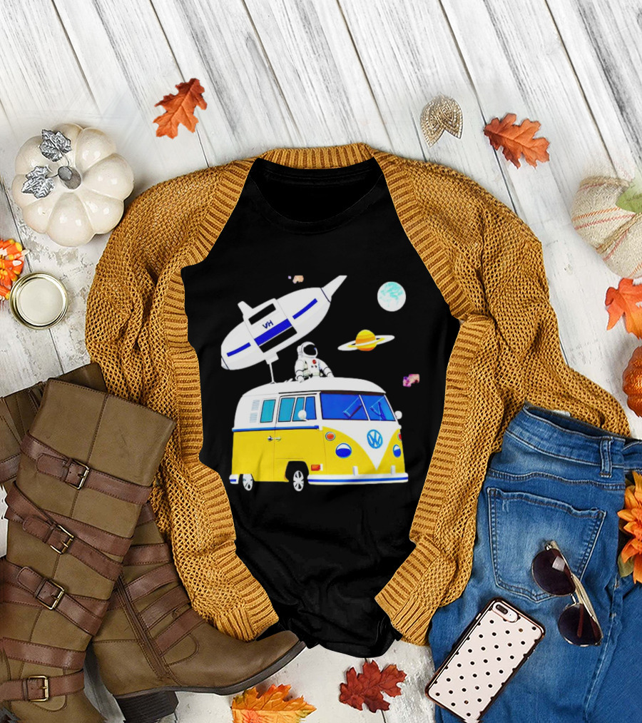 Astronaut Riding Yellow Volkswagen Bus with Rocket and Saturn Planet Background T-Shirt