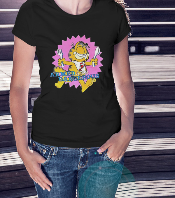 Armed And Dangerous Garfield With Fork And Spoon On Pink Starbursts T-Shirt