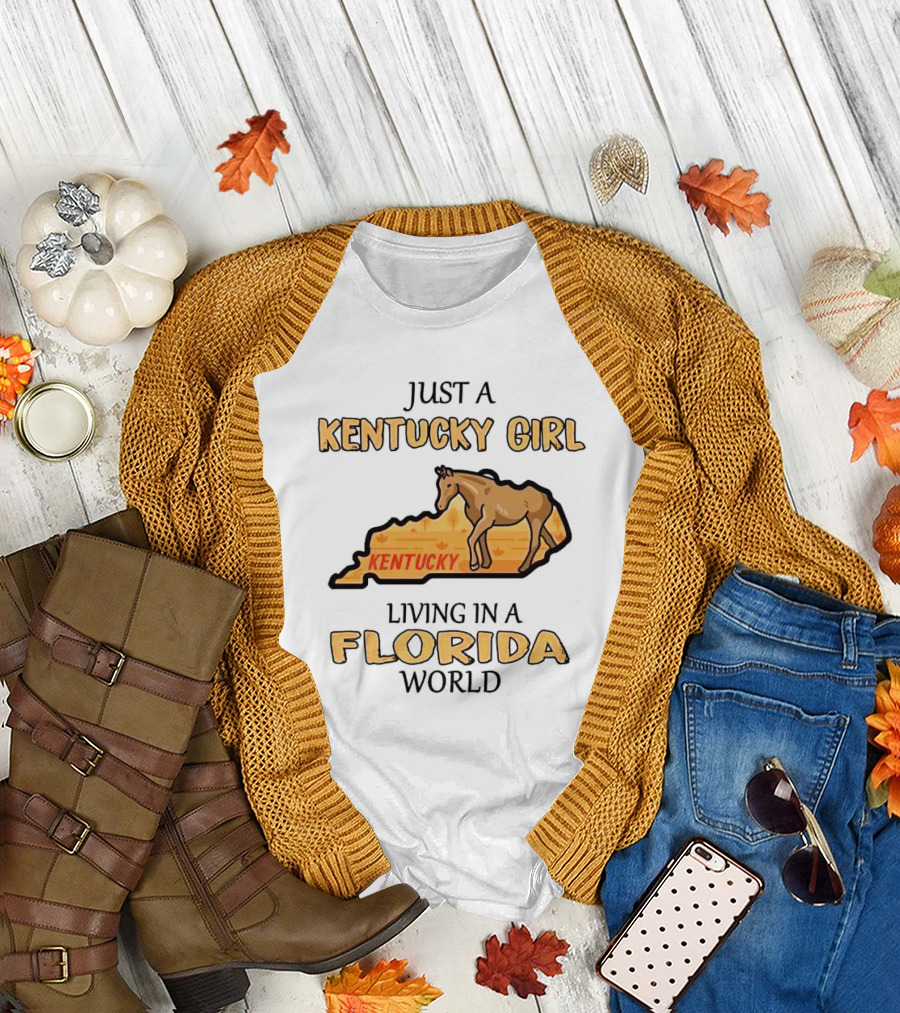 Just a Kentucky Girl Living in a Florida World with Horse and State Background T-Shirt