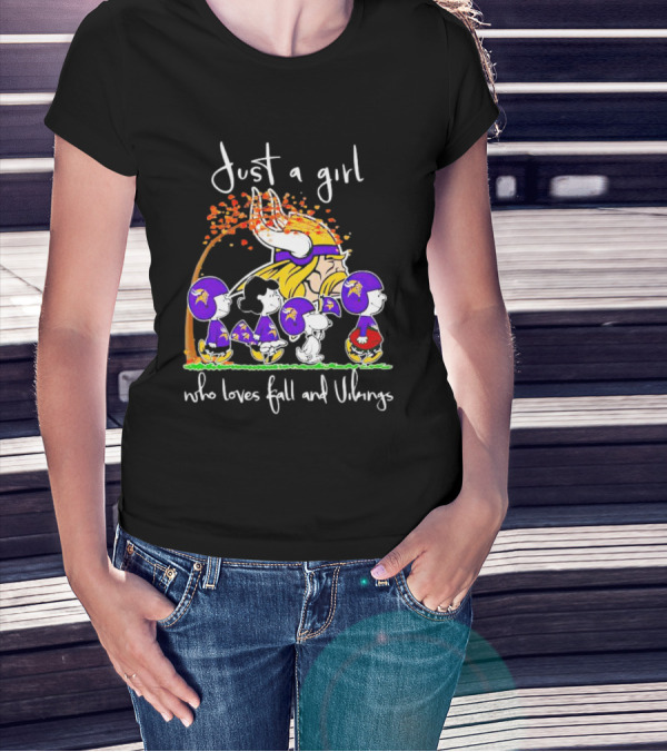 Peanuts Characters Just A Girl Who Loves Fall And Vikings With Autumn Tree And Football Helmets T-Shirt