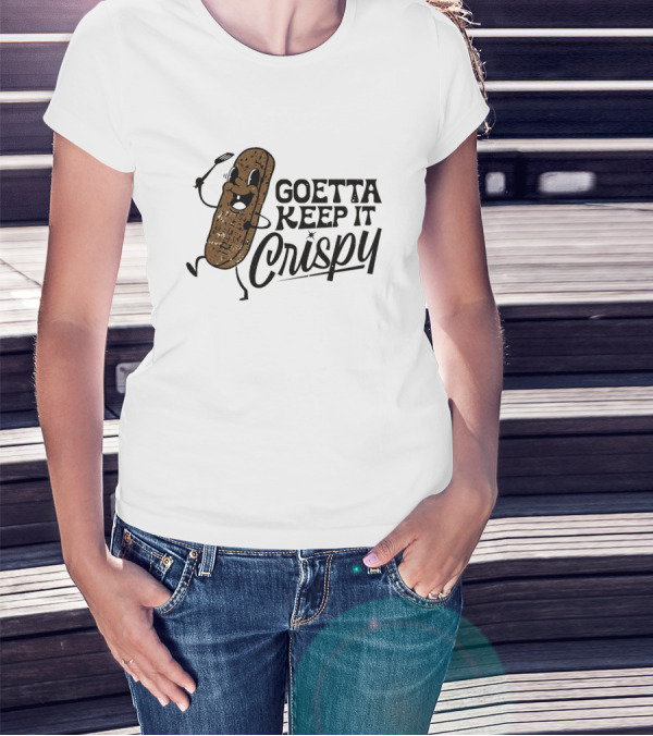 Goetta Keep It Crispy Smiling Fried Stick Character With Fork Enthusiastically Walking T-Shirt