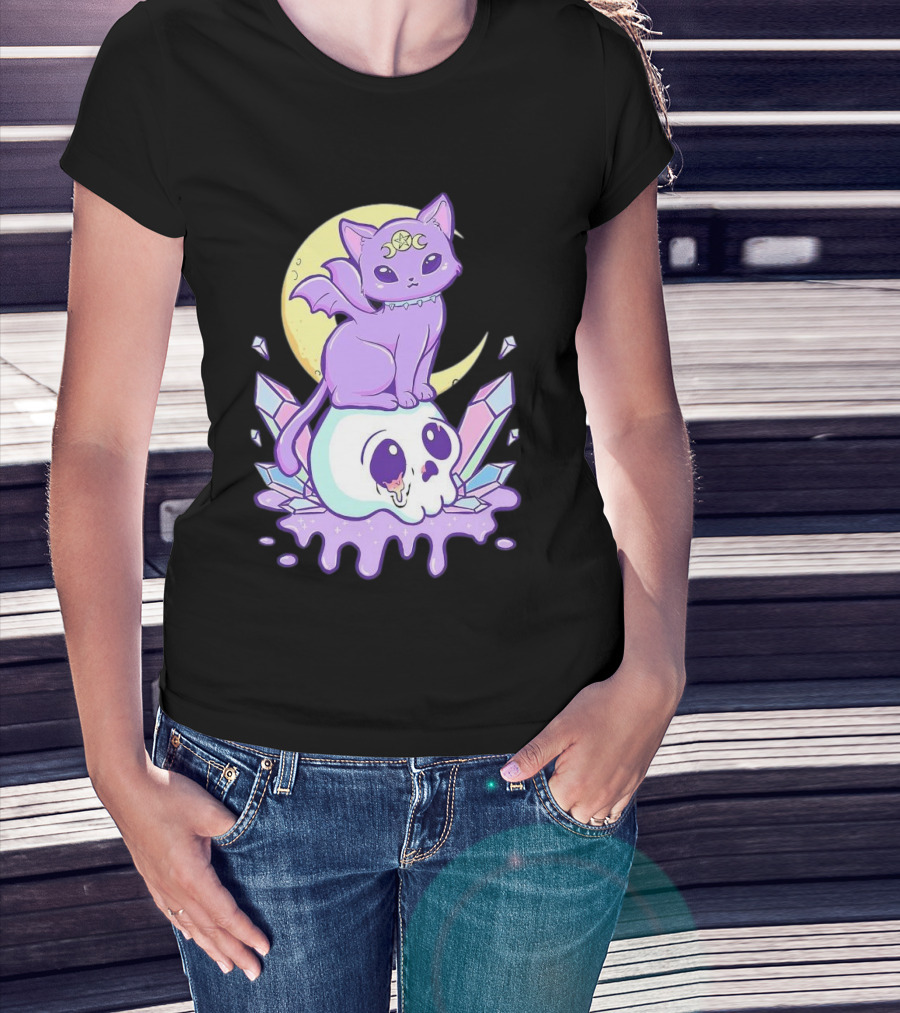 Witchy Cat With Moon And Skull Crystals T-Shirt