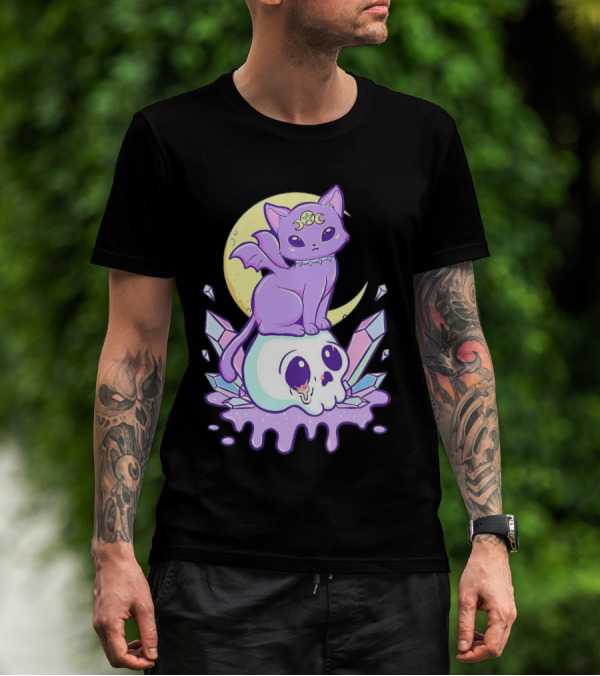 Witchy Cat With Moon And Skull Crystals T-Shirt