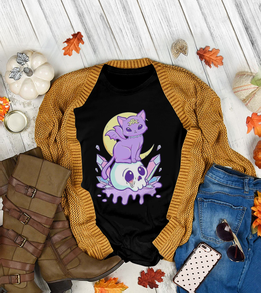 Witchy Cat with Moon and Skull Crystals T-Shirt