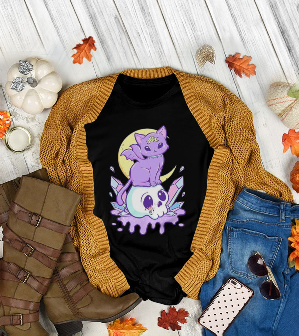 Witchy Cat With Moon And Skull Crystals T-Shirt