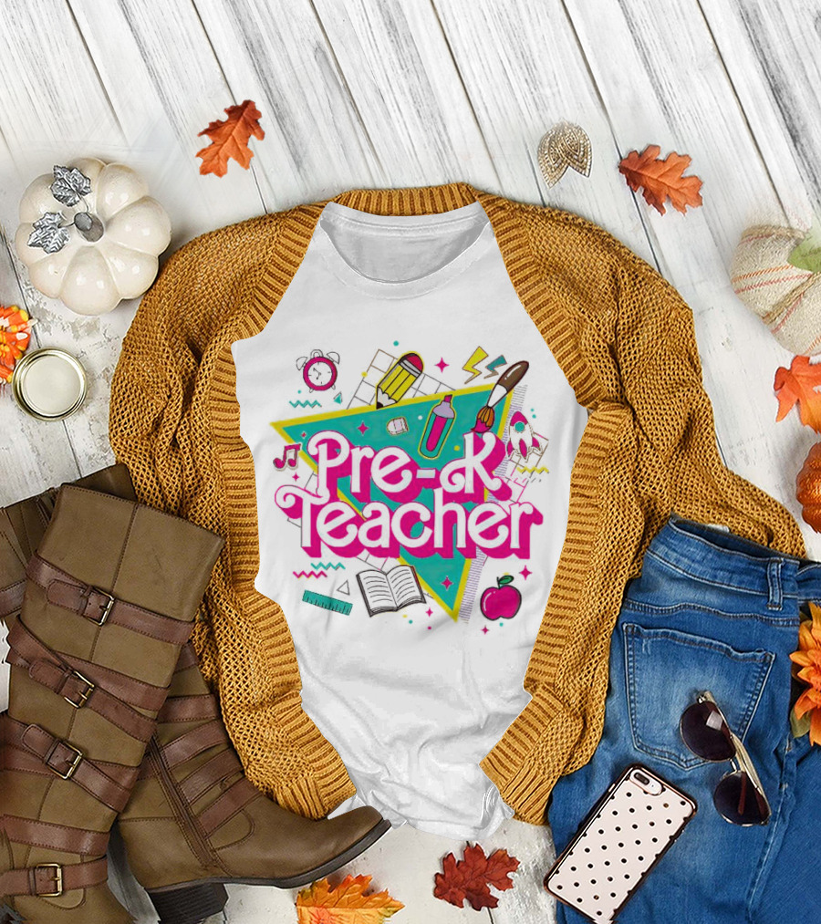 Pre-K Teacher Neon Art Supplies and Icons T-Shirt