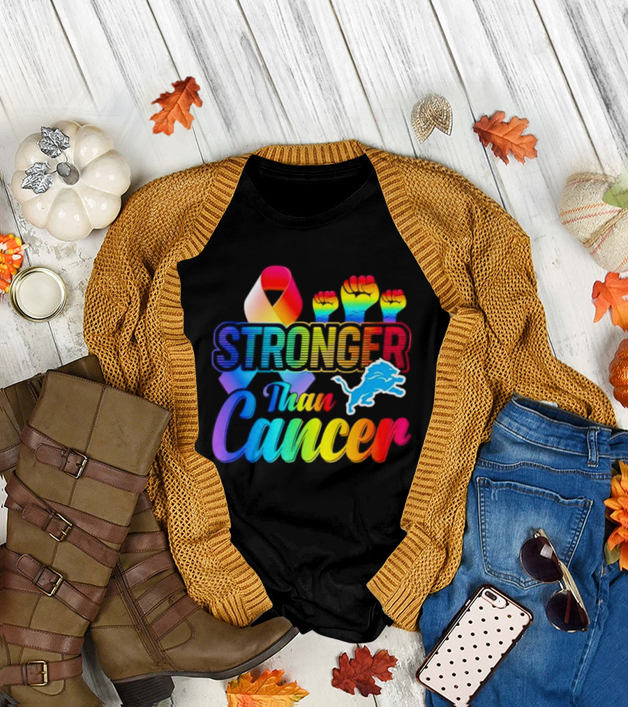 Detroit Lions Stronger Than Cancer Rainbow Ribbon and Fists T-Shirt