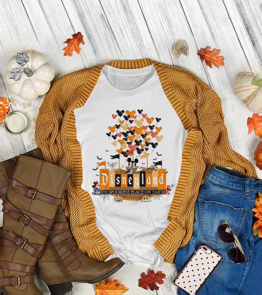 Disneyland Halloween Mickey Mouse The Spookiest Place On Earth Orange Bats and Pumpkins T-Shirt
