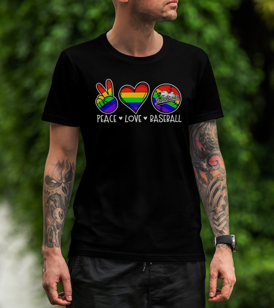 Aberdeen IronBirds Peace Love Baseball Rainbow T-Shirt
