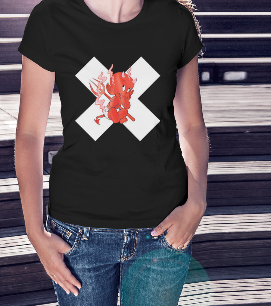Baby Devil Cartoon Character With Pitchfork On White X T-Shirt