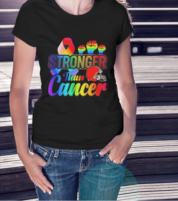 Cleveland Browns Stronger Than Cancer Rainbow Ribbon And Helmet T-Shirt