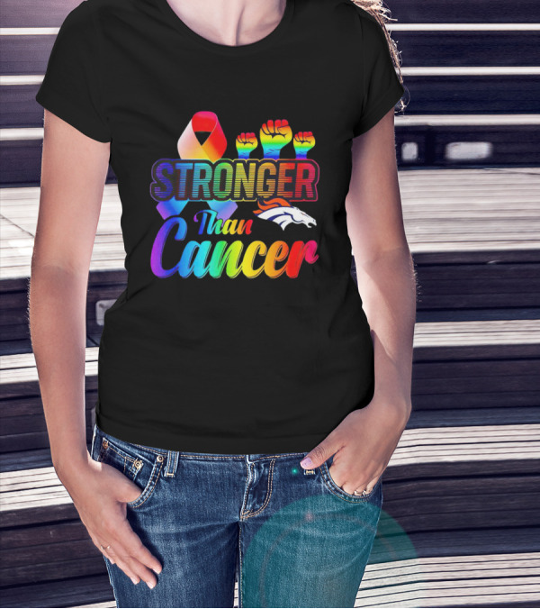Denver Broncos Stronger Than Cancer Rainbow Ribbon Fists T-Shirt