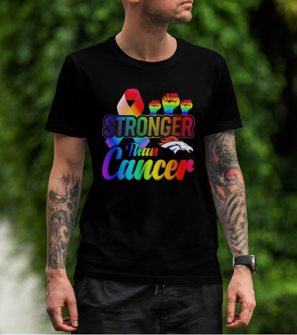 Denver Broncos Stronger Than Cancer Rainbow Ribbon Fists T-Shirt