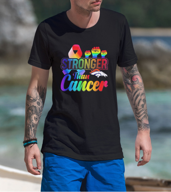 Denver Broncos Stronger Than Cancer Rainbow Ribbon Fists T-Shirt