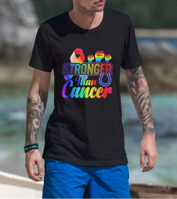 Stronger Than Cancer Indianapolis Colts Rainbow Ribbon And Fists Icons T-Shirt