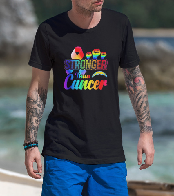 Los Angeles Chargers Stronger Than Cancer Rainbow Ribbon And Fists T-Shirt