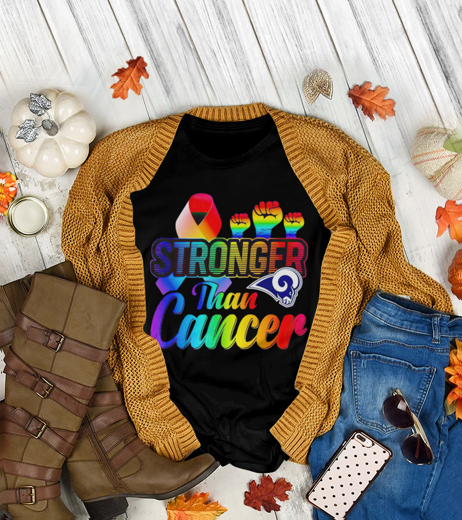 Stronger Than Cancer Los Angeles Rams Rainbow Ribbon Fists T-Shirt