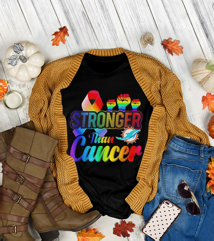 Stronger Than Cancer Miami Dolphins Rainbow Ribbon and Fists T-Shirt