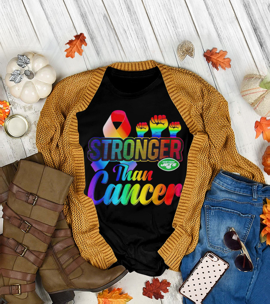 New York Jets Stronger Than Cancer Rainbow Ribbon and Fists T-Shirt
