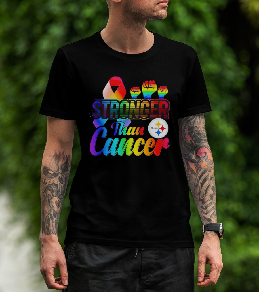 Pittsburgh Steelers Stronger Than Cancer Rainbow Ribbon And Fists T-Shirt