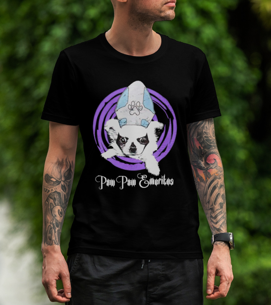 Paw Paw Emeritus Dog With White Mitre Hat And Purple Circle T-Shirt