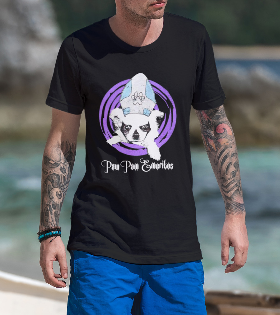 Paw Paw Emeritus Dog With White Mitre Hat And Purple Circle T-Shirt