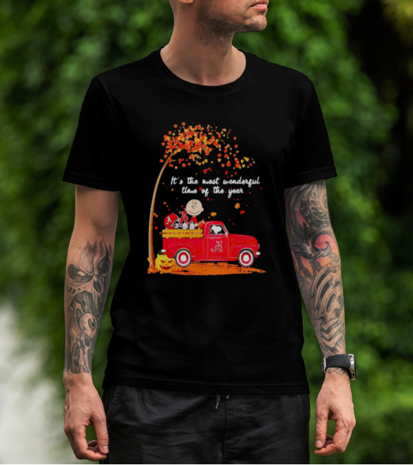 Peanuts Characters Alabama Crimson Tide Fall It's The Most Wonderful Time Of The Year Truck Football Pumpkins Leaves T-Shirt