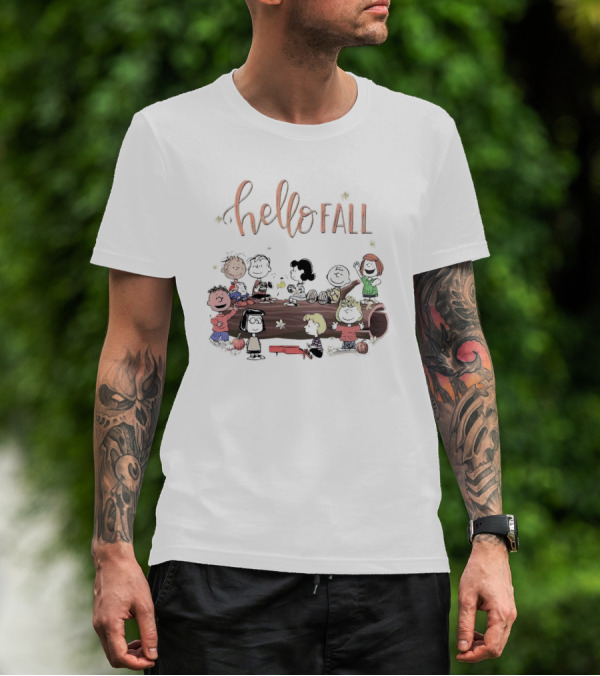 Peanuts Characters Celebrating Hello Fall With Autumn Fun T-Shirt
