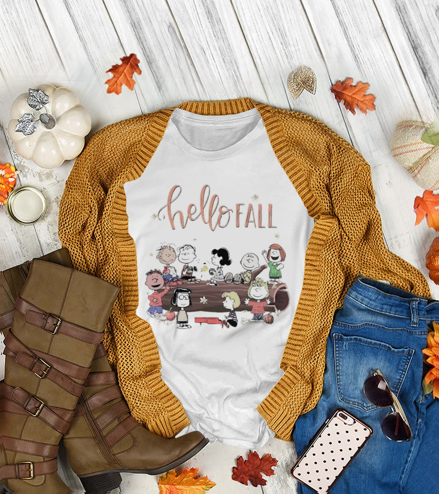 Peanuts Characters Celebrating Hello Fall with Autumn Fun T-Shirt