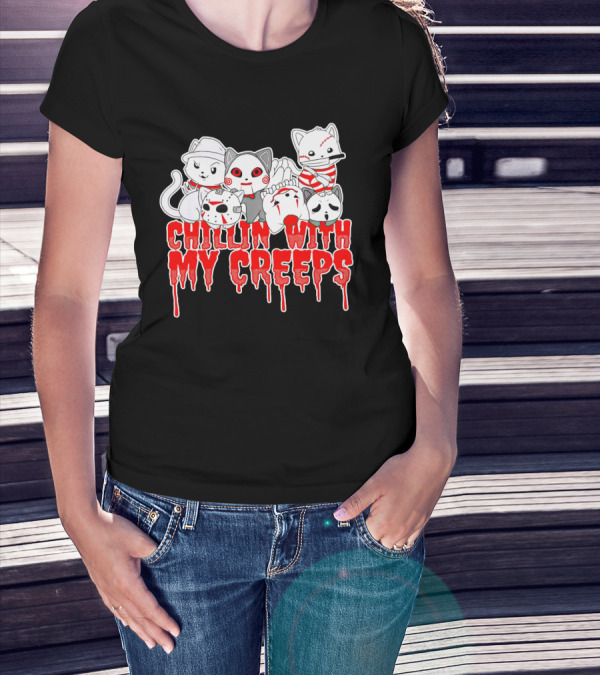 Chillin With My Creeps Cat Horror Icons T-Shirt