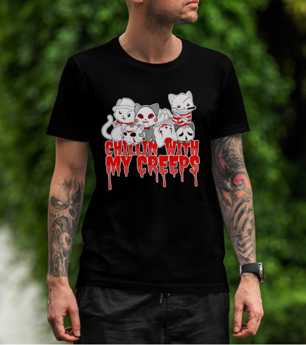 Chillin With My Creeps Cat Horror Icons T-Shirt