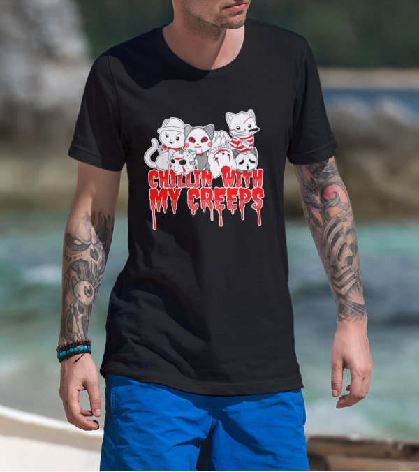 Chillin With My Creeps Cat Horror Icons T-Shirt