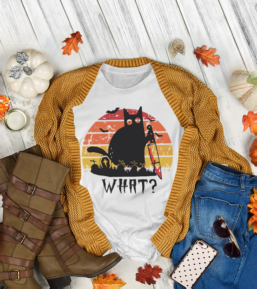 Cat with Sword and Graves Sunset Halloween T-Shirt