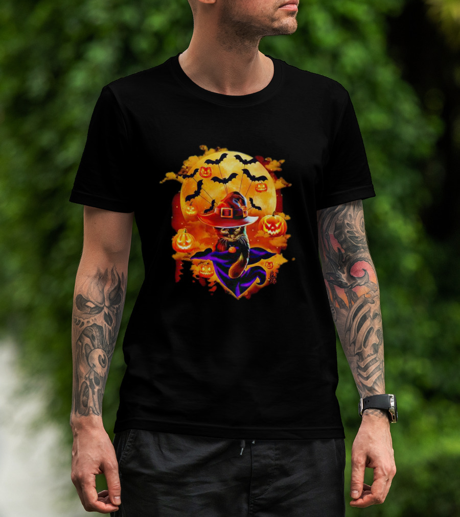 Cat Witch With Pumpkin Lanterns And Bats Halloween Moon T-Shirt