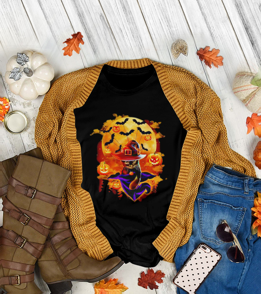 Cat Witch with Pumpkin Lanterns and Bats Halloween Moon T-Shirt