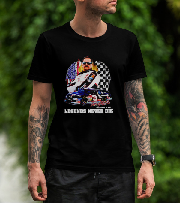 Dale Earnhardt Legends Never Die February 18 2001 Racing Icon American Flag Checkered Flag T-Shirt