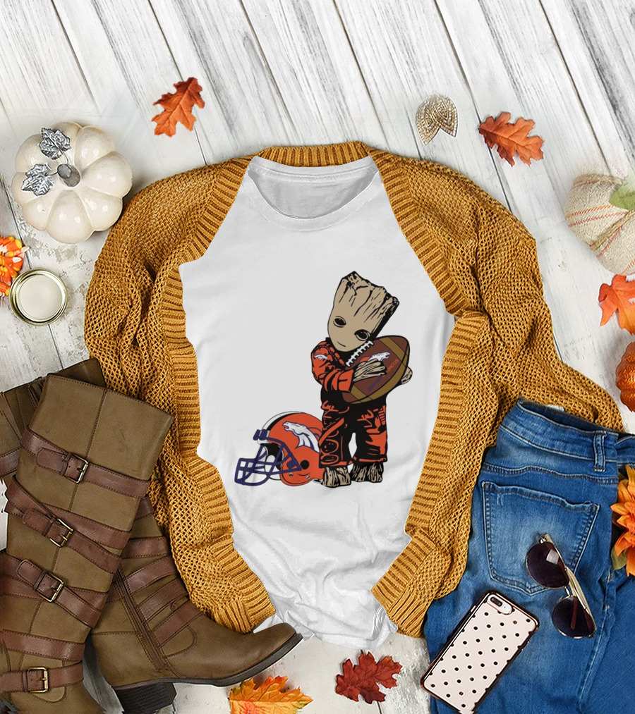 Groot Hugging Denver Broncos Football and Helmet T-Shirt