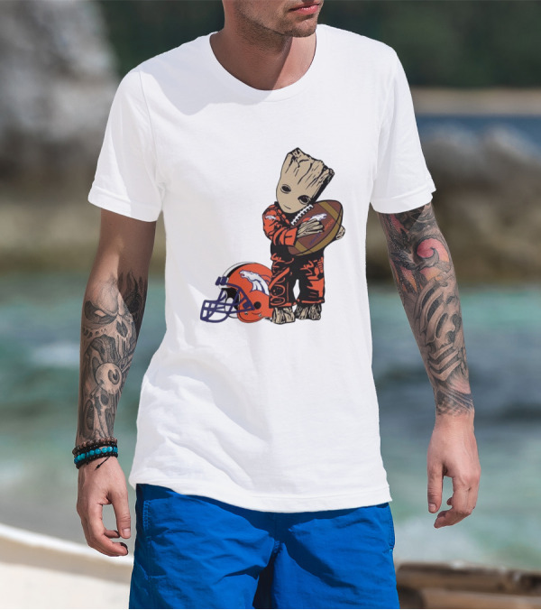 Groot Hugging Denver Broncos Football And Helmet T-Shirt