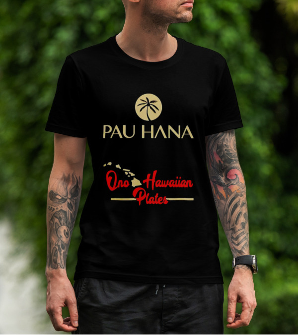 Pau Hana Palm Logo Ono Hawaiian Plates Map T-Shirt